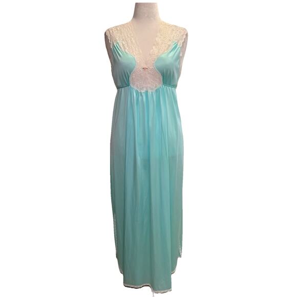 Barbizon Maxi Chemise M Vtg Nightgown Nightie Teal Lace Trim Tie Regency Cottage - Picture 1 of 8